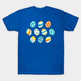 Egg Pattern | Blue Yellow Orange | Stripes Clouds Flowers Dots | Dark Blue T-Shirt